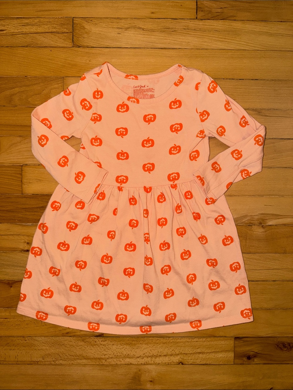 Cat & Jack Pink Long-Sleeve Dress with Orange Pumpkin Print